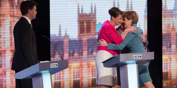 Natalie Bennett - Leanne Wood - Nicola Sturgeon - Ed Miliband - BBC Leaders Debate - Hug