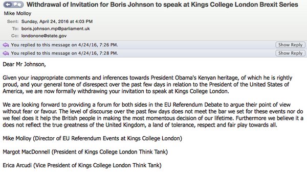 Boris Johnson - Kings College - Disinvitation - No Platformed - EU Referendum - Barack Obama