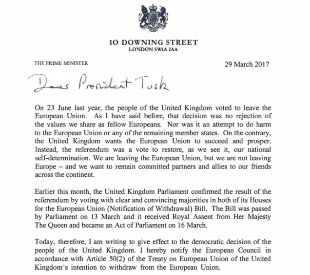 United Kingdom Britain EU Secession - Article 50 Letter - Downing Street - Theresa May - Donald Tusk - European Union