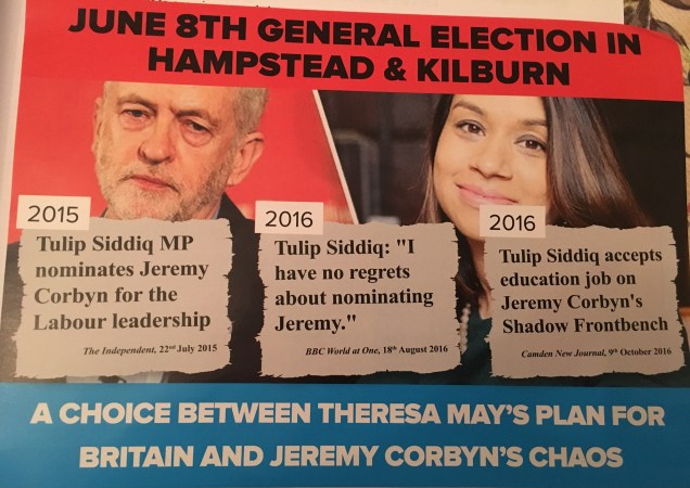 General Election 2017 - Hampstead and Kilburn Conservatives attack leaflet - Tulip Siddiq Labour Party Jeremy Corbyn - 1