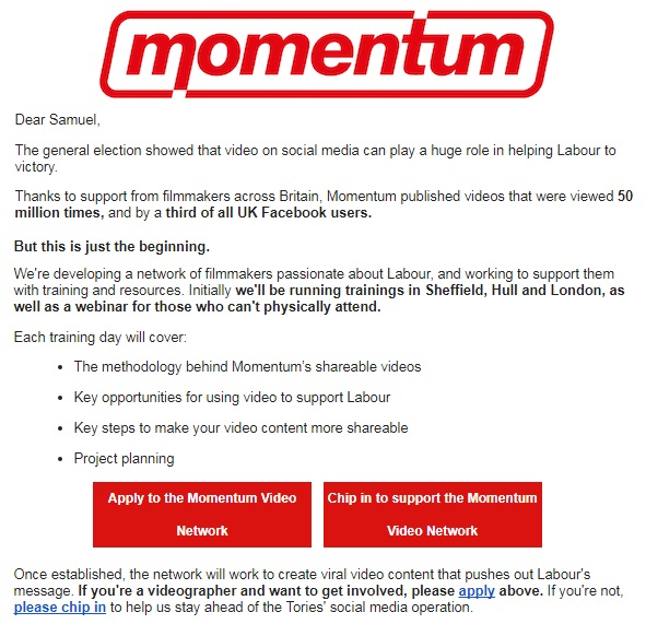 Momentum - socialist - online campaigning - videos social media