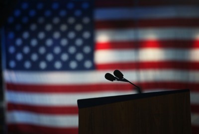 Microphones stand at the podium after U.S. Democratic presidential nominee Hillary Clinton's campaign chairman John Podesta addressed supporters at the election night rally in New York