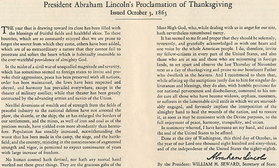 Thanksgiving Proclamation - President Abraham Lincoln - 1863