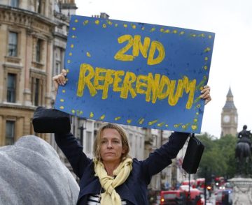 Anti Brexit Pro EU protester holding Second Referendum banner