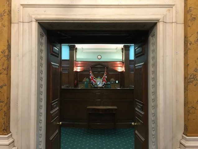 Camden Town Hall council chamber doorway - Citizenship ceremony - British UK flags and Queen Elizabeth portrait