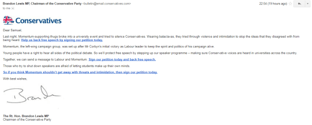 Brandon Lewis - Conservative Party email - free speech petition