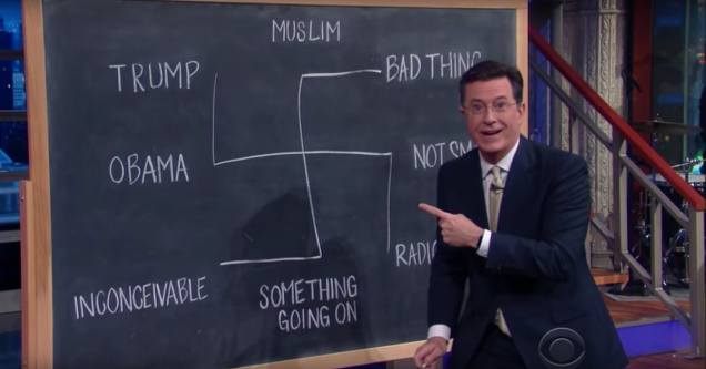 Stephen Colbert - Donald Trump - chalkboard swastika